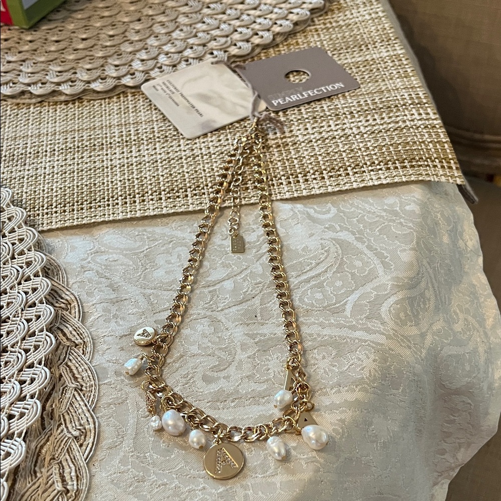 Pearlfection Gold Chain Necklace with Pearls NWT “A” Initial